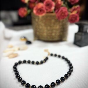 Monet Black Bead Necklace Gold Tone Adjustable Choker Vintage Costume Jewelry